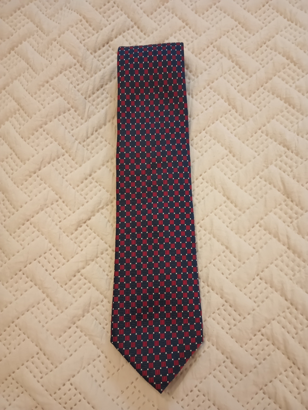 Men's Chaps Navy Tie with Red Square Pattern 100% Silk
